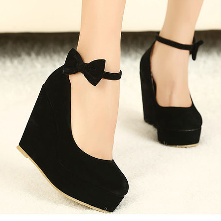 Fashion Round Closed Toe Super High Wedges Black Suede Ankle Strap ...