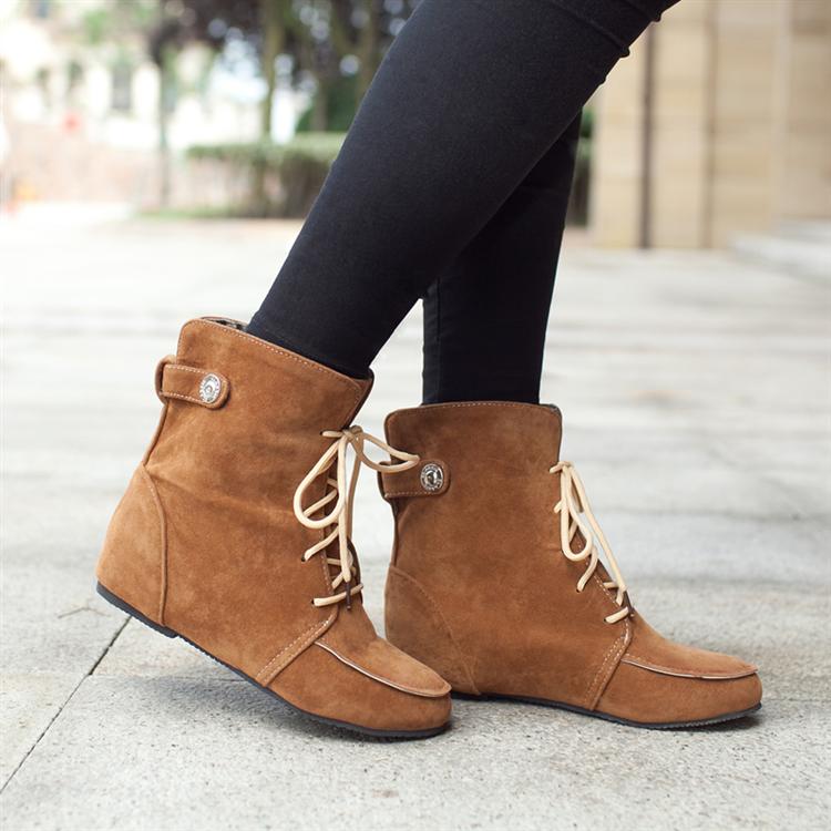 Winter Round Toe Wedge Mid Heel Lace Up Khaki Short Snow