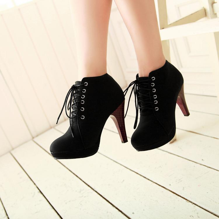 black lace up high heel booties