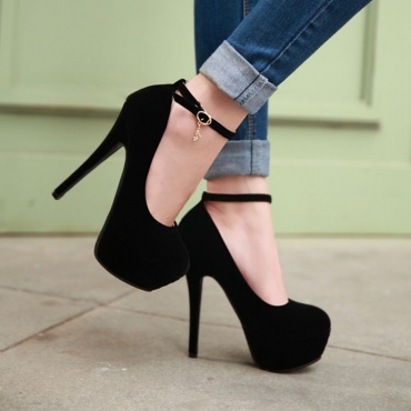 Ankle Strap Round Toe Plain Chunky Heel Womens Pumps 