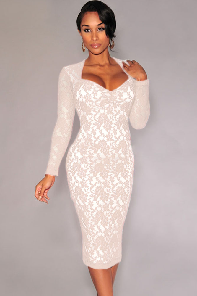 Cheap Sexy V Neck Long Sleeves Padded White Lace Sheath Knee ...