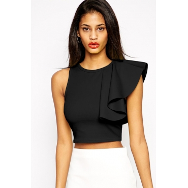 crop shoulder sexy cheap ruffles sleeveless polyester neck solid tops cilory wholesale