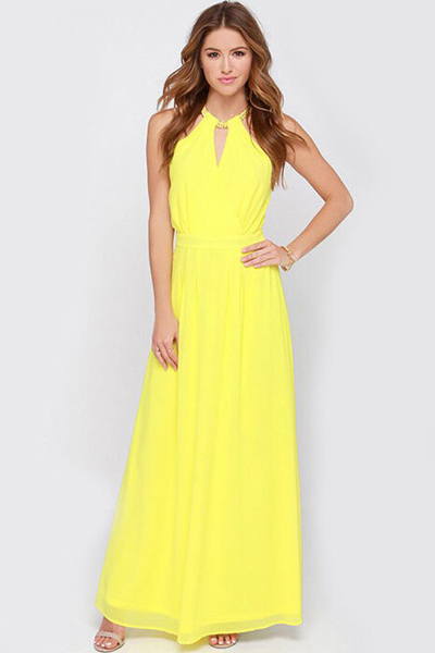 Cheap Fashion O Neck Tank Sleeveless Yellow Chiffon Ankle Length Dress ...
