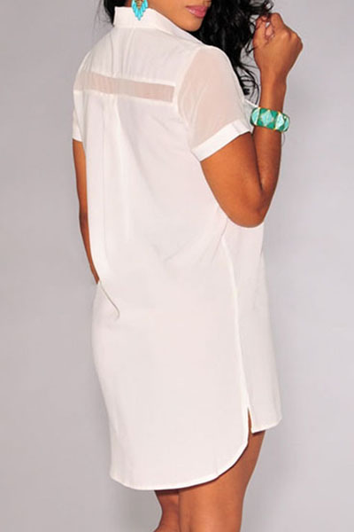 casual turndown collar drawstring white mini dress