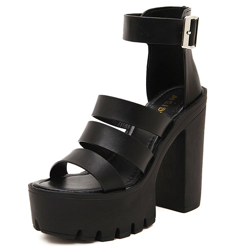 black chunky high heel sandals