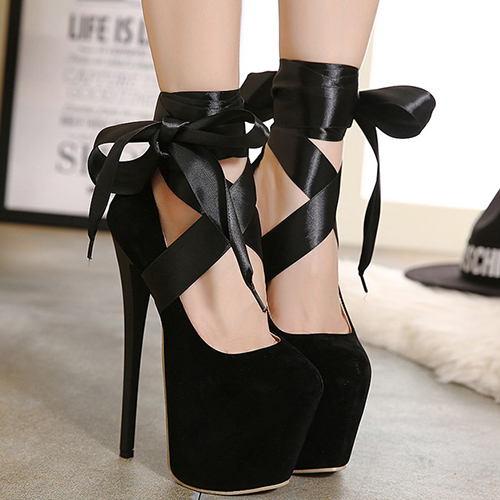 black heels with ribbon ankle tie