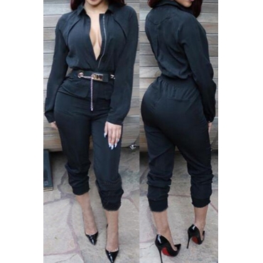 turndown jumpsuit polyester sleeves collar regular chic solid piece
