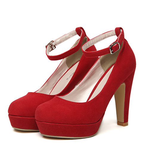 Fashion Round Closed Toe Super High Chunky Red Suede Mary Jane Pumps ...