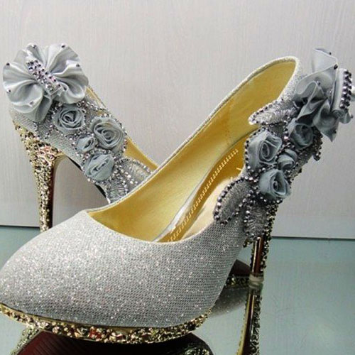 Cheap Silver Pumps Sexy Diamond Embellished Round Closed Toe Super High ...