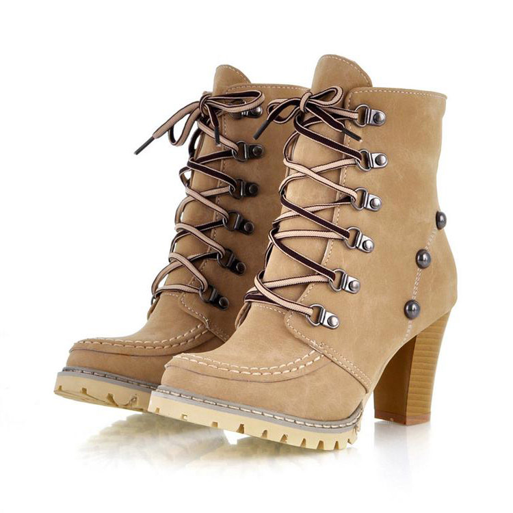 Winter Round Toe Rivets Lace Up Chunky High Heel Yellow Suede Short ...