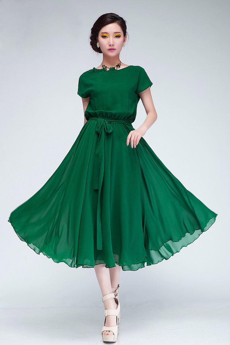 Fashion Pleated O Neck Short Sleeves Green Chiffon Mid Calf Dress ...