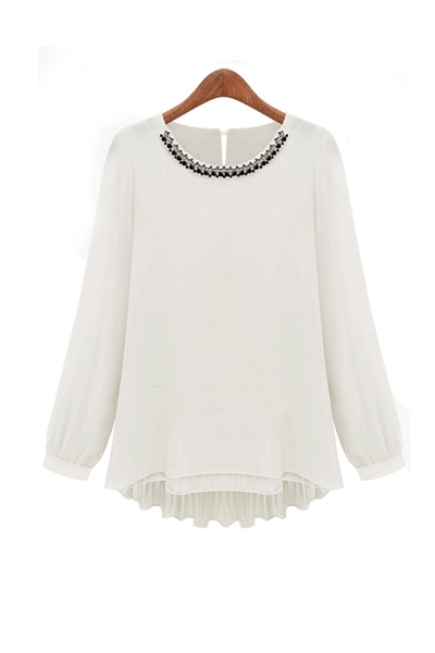 European Styles O Neck Long Sleeves Solid White Chiffon Blouse_Blouses ...