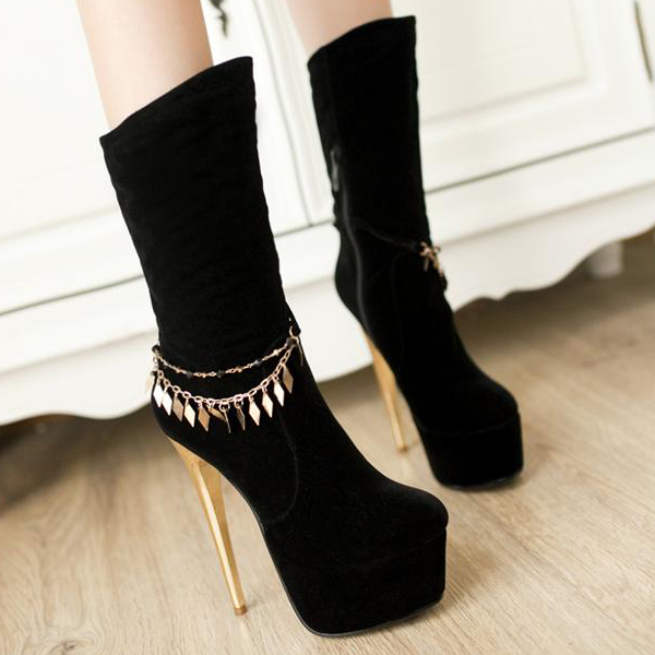 Winter Round Toe Sequined Tassels Embellished Stiletto High Heels Black ...