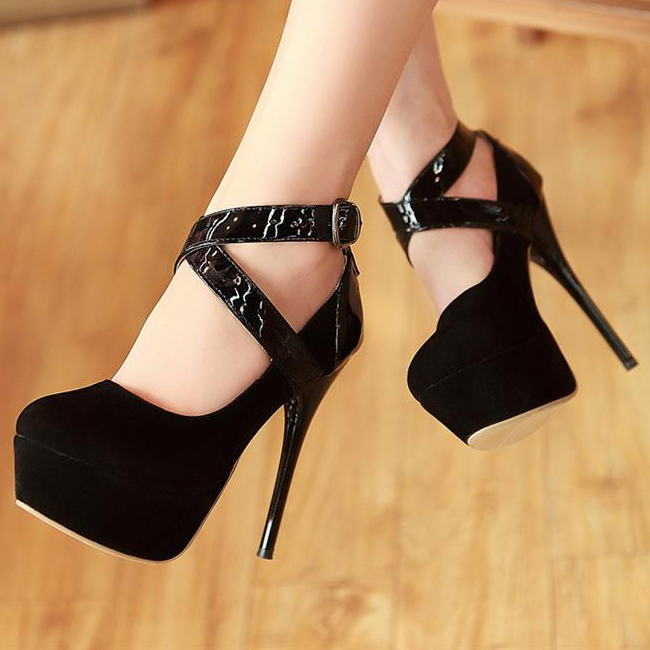 Fashion Round Closed Toe Stiletto High Heels Black PU Mary Jane Pumps ...