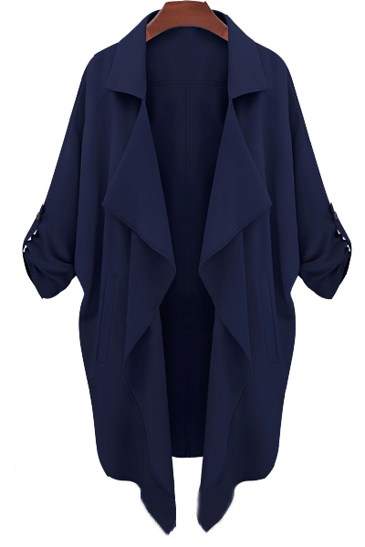 Fashion Turndown Collar Three Quarter Sleeves Blue Long Trench_Trench ...