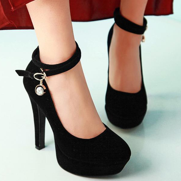 Fashion Round Closed Toe Stiletto High Heels Black PU Ankle Wrap Pumps ...