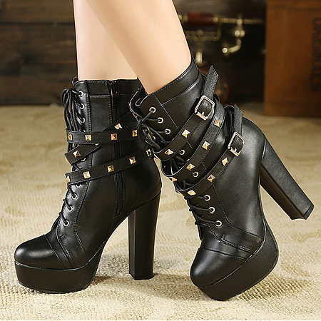 Winter Round Toe Chunky High Heel Lace Up Short Buckle Black PU Martens ...