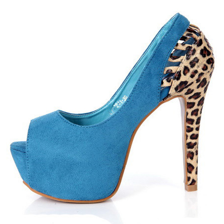 Fashion Round Peep Toe Leopard Patchwork Stiletto High Heels Blue Suede ...