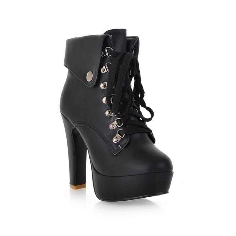 Winter Round Toe Stiletto High Heel Lace Up Ankle Black Martens Boots ...