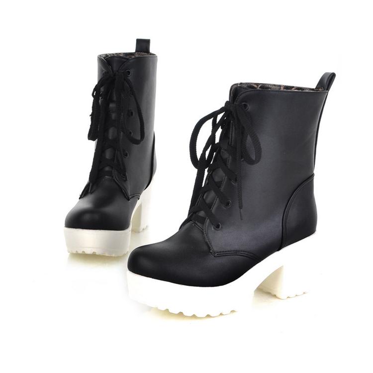 Winter Round Toe Chunky High Heel Lace Up Ankle Black Martens Boots ...