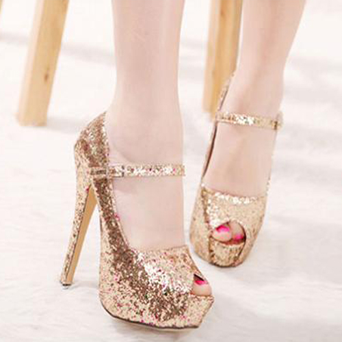 Fashion Round Toe peep Toe Stiletto High Heel Gold PU Pumps_Pumps ...