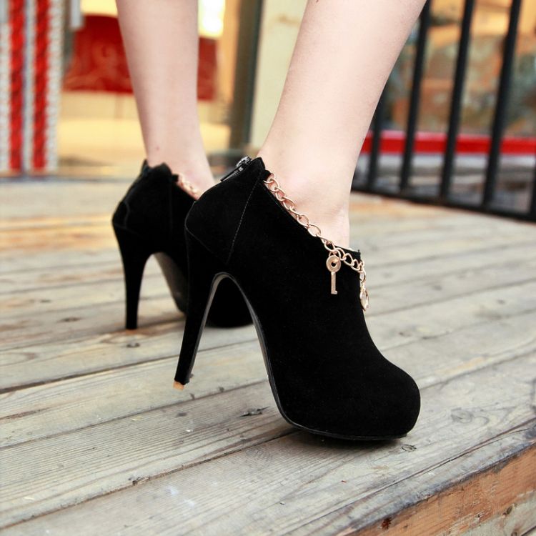 Fashion Round Toe Stiletto High Heel Zipper Ankle Chains Black PU ...