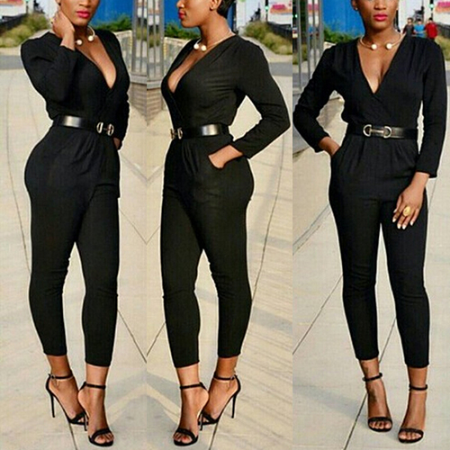 Cheap Sexy V Neck Long Sleeves Solid Black One-piece Regular Jumpsuit ...