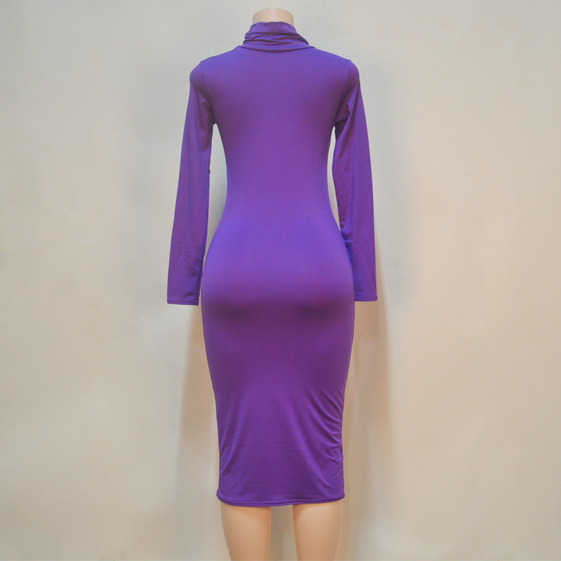 Sexy Turtleneck Long Sleeves Purple Blending Sheath Knee Length Dress ...