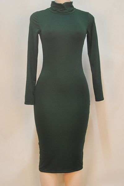 Fashion Turtleneck Long Sleeves Green Blending Sheath Knee Length Dress ...