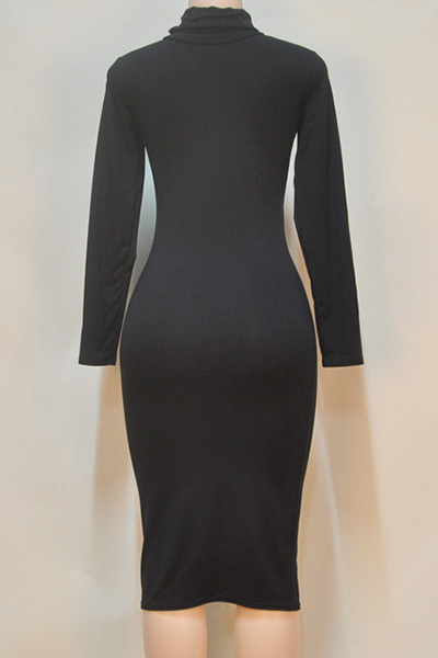 Fashion Turtleneck Long Sleeves Black Blending Sheath Knee Length Dress ...