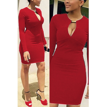 Sexy O Neck Long Sleeves Red Cotton Blend Sheath Knee Length Dress ...