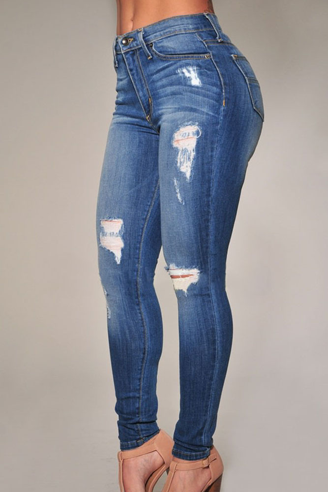 Fashion Mid Waist Broken Holes Blue Polyester Skinny Pants_Jeans ...