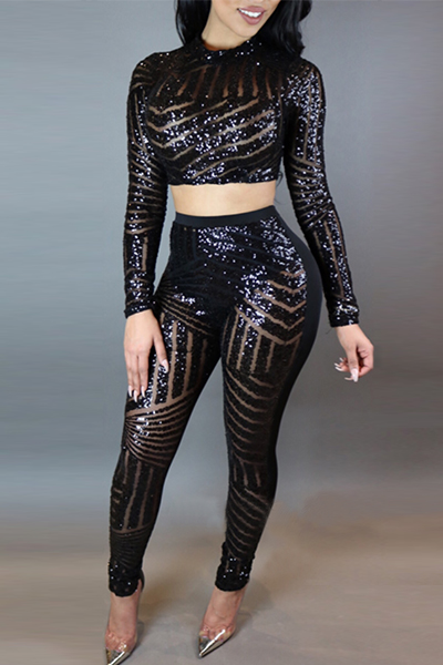 Sexy Round Neck Long Sleeve Sequined Decoration Black Two-piece Pants ...