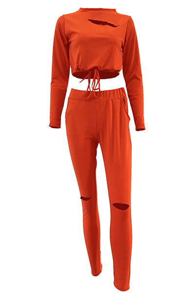 Sexy Round Neck Long Sleeves Hollow-out Orange Twilled Satin Two-piece ...
