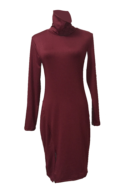Sexy Turtleneck Long Sleeves High Split Red Polyester Sheath Knee ...